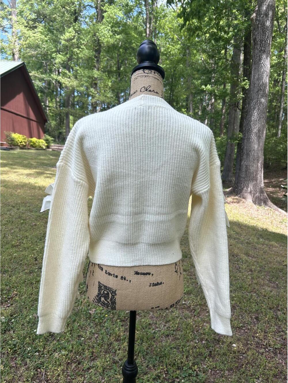 Debut Cream Button-Down Cardigan - Ribbon Bow Accents - Size S/M - Cottagecore - Picture 3 of 8